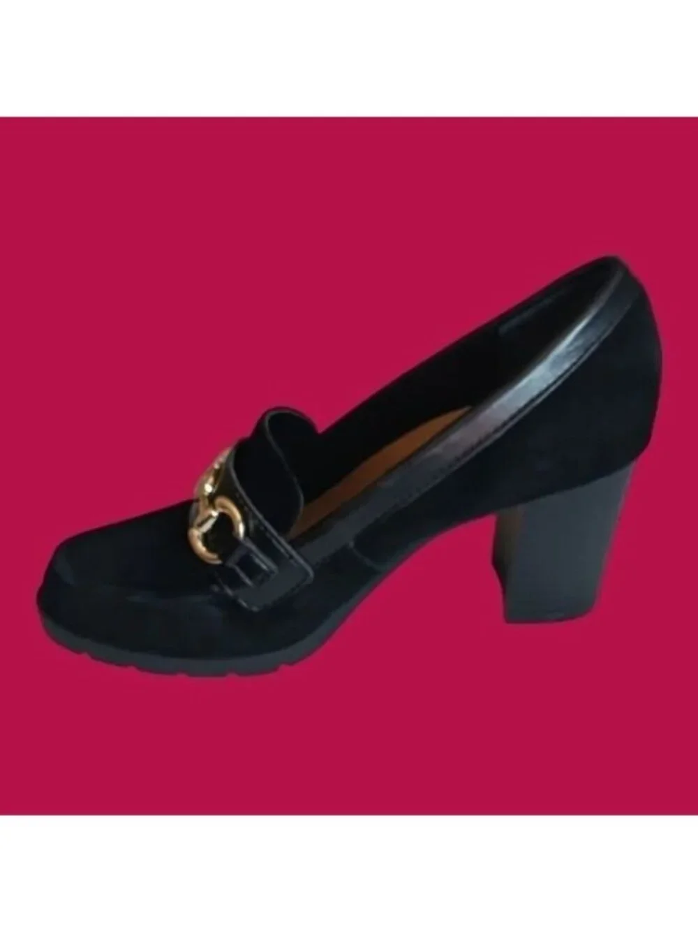 Giani Bernini Women’s Suede Loafer Pumps Gold Horsebit Block Heel Black Size 5M